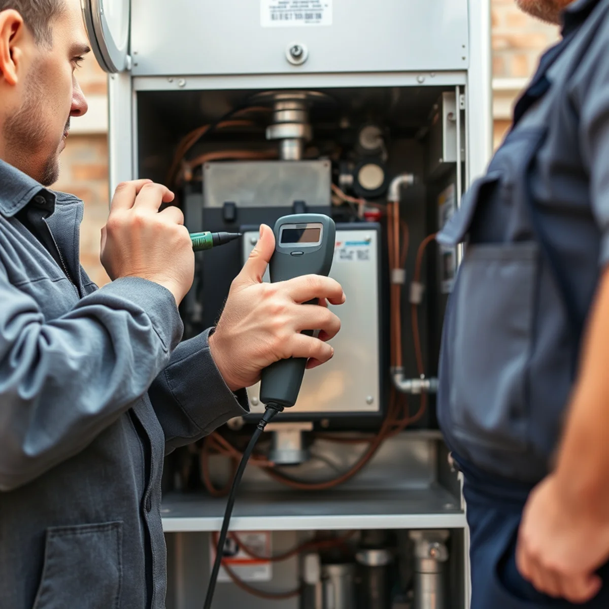 Technician listening to a hot-water boiler and radiator pipes in an older downtown Mechanicsburg, PA home