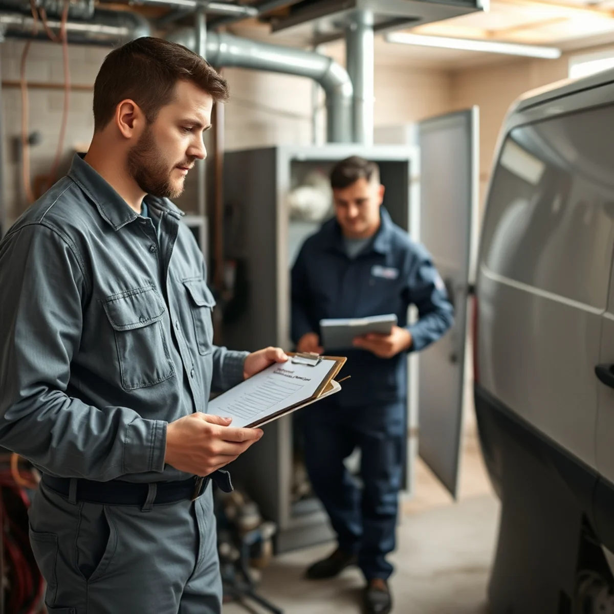 HVAC technician reviewing maintenance notes at a Mechanicsburg, PA home