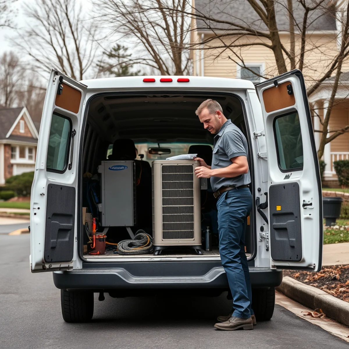HVAC technician servicing a hillside home in Bowmans Hill, Mechanicsburg, PA