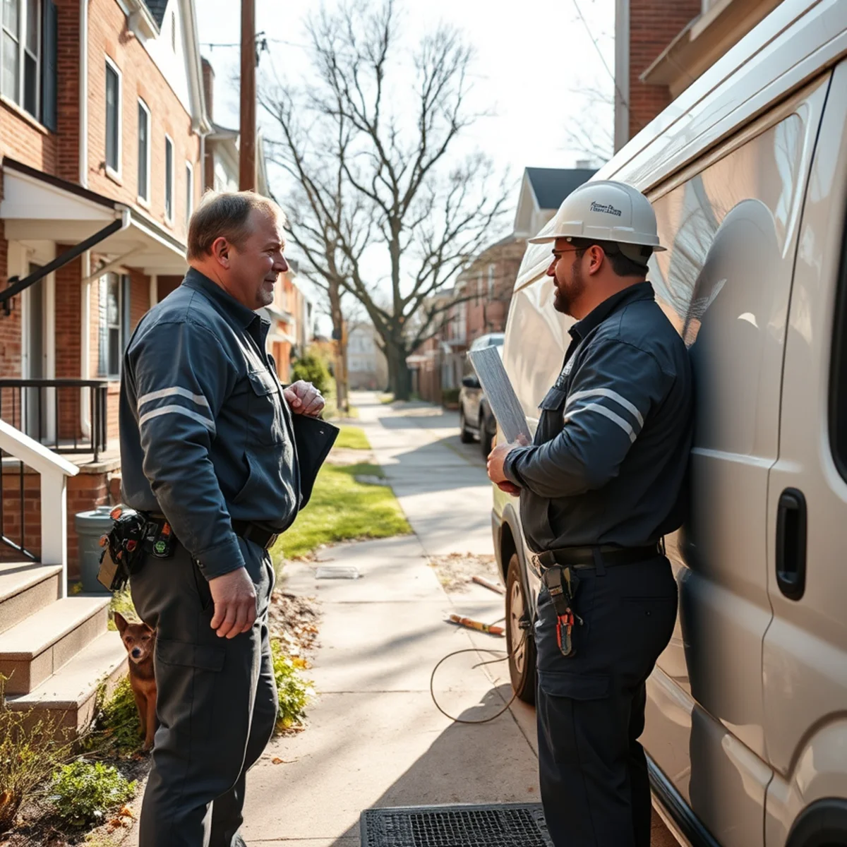 HVAC technician on a rowhome street near the river in Columbia, PA