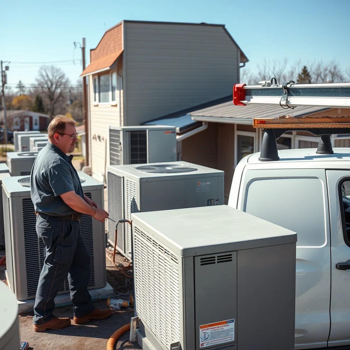 HVAC technician servicing a commercial rooftop unit above a Mechanicsburg, PA small business