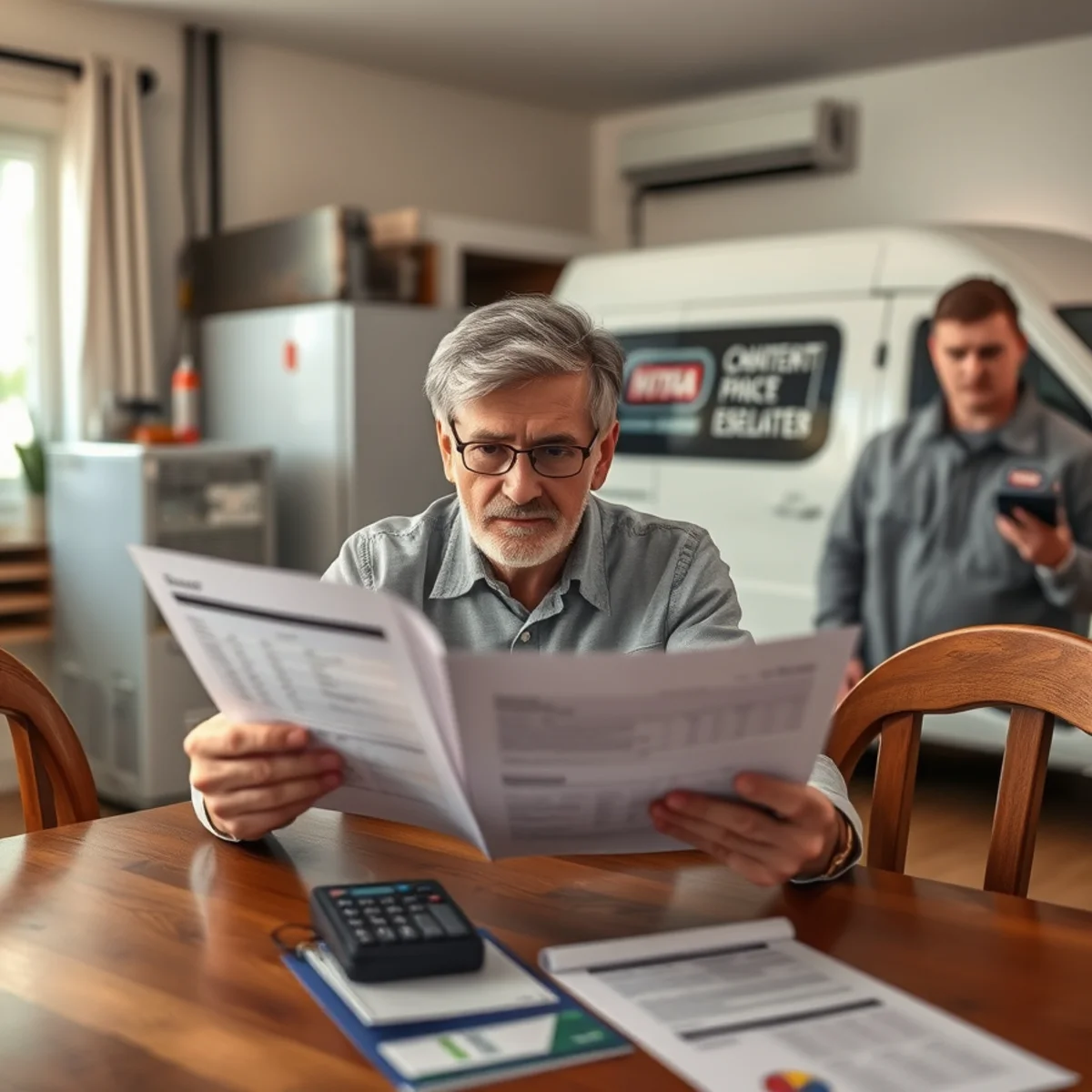Homeowner reviewing an insurance policy beside a furnace in a Mechanicsburg, PA home