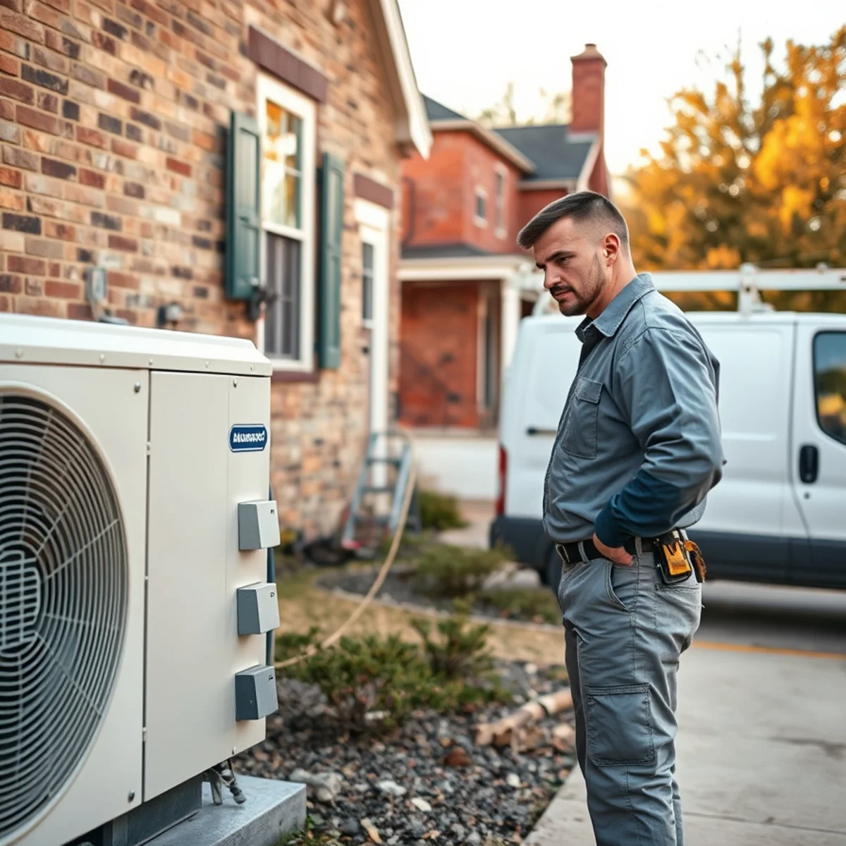 HVAC technician outside a brownstone home in Hummelstown, PA