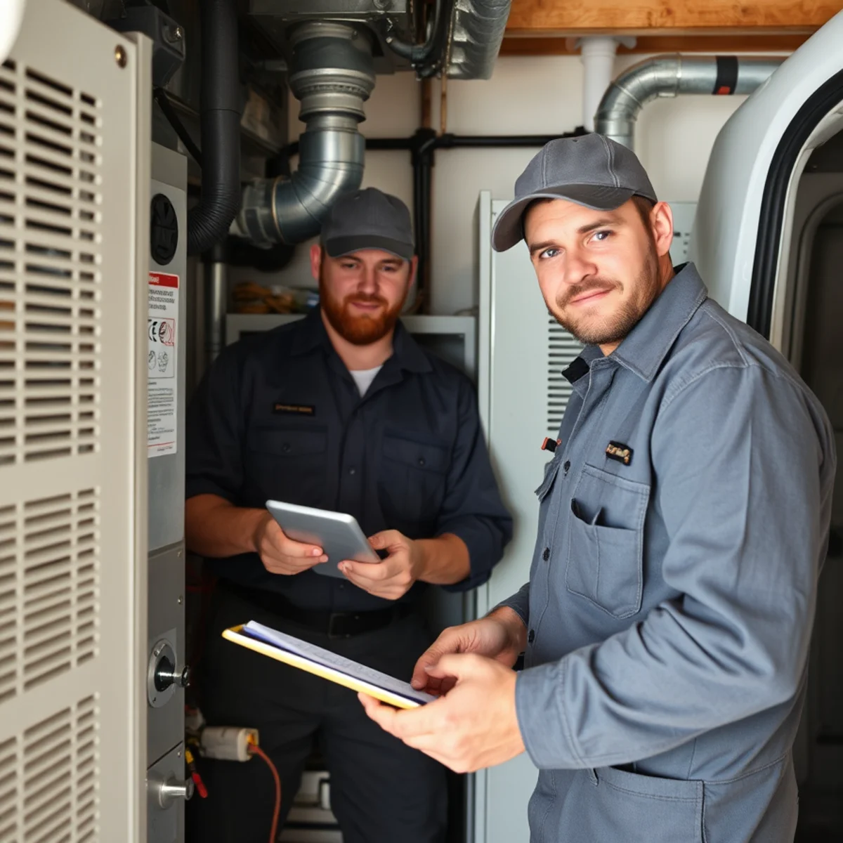 HVAC technician reviewing a maintenance plan checklist with a homeowner in a Mechanicsburg, PA home