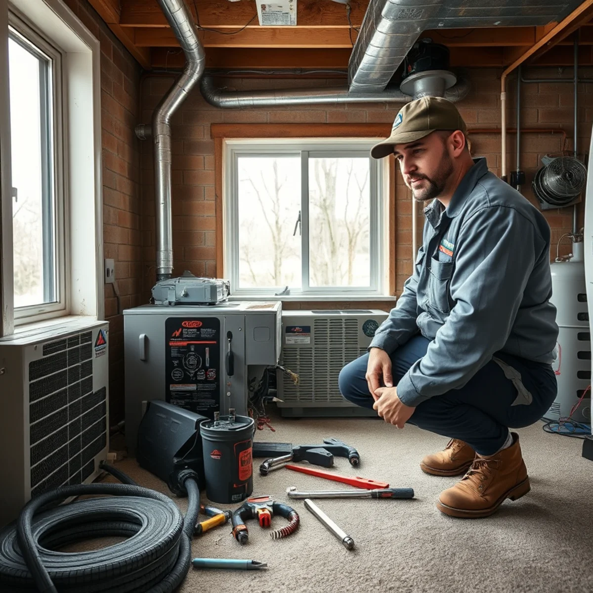 HVAC technician servicing a heating and cooling system at a Mechanicsburg, PA home