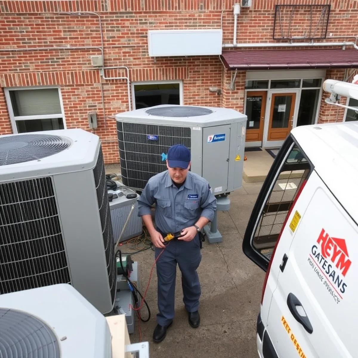 Multi-unit apartment building in Mechanicsburg, PA with individual HVAC condensers along the exterior