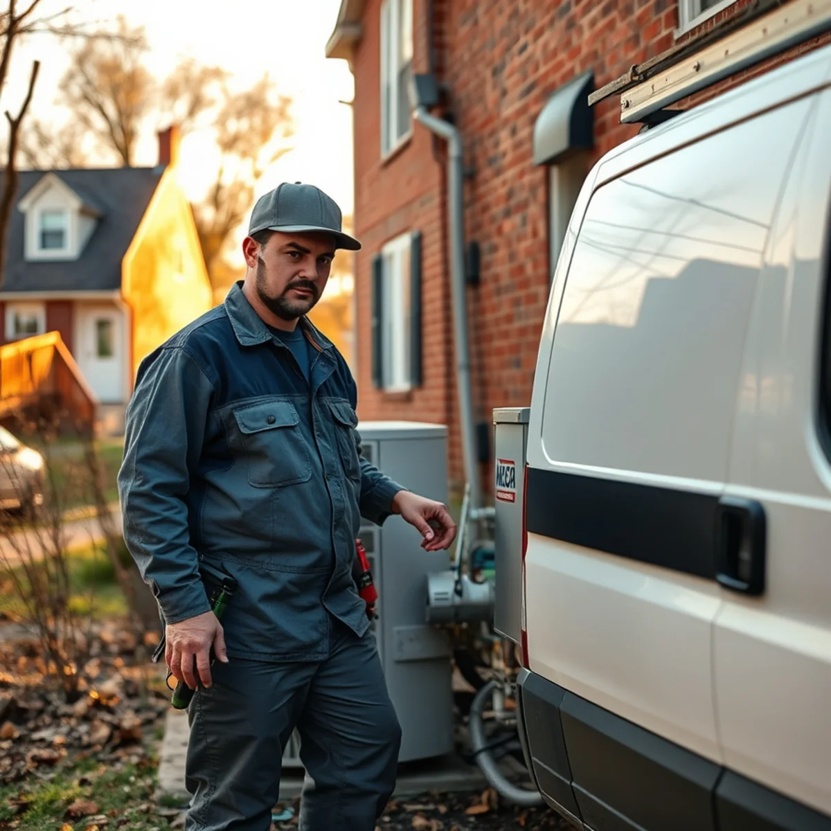 HVAC technician servicing an aging furnace in a Shiremanstown, PA brick twin home
