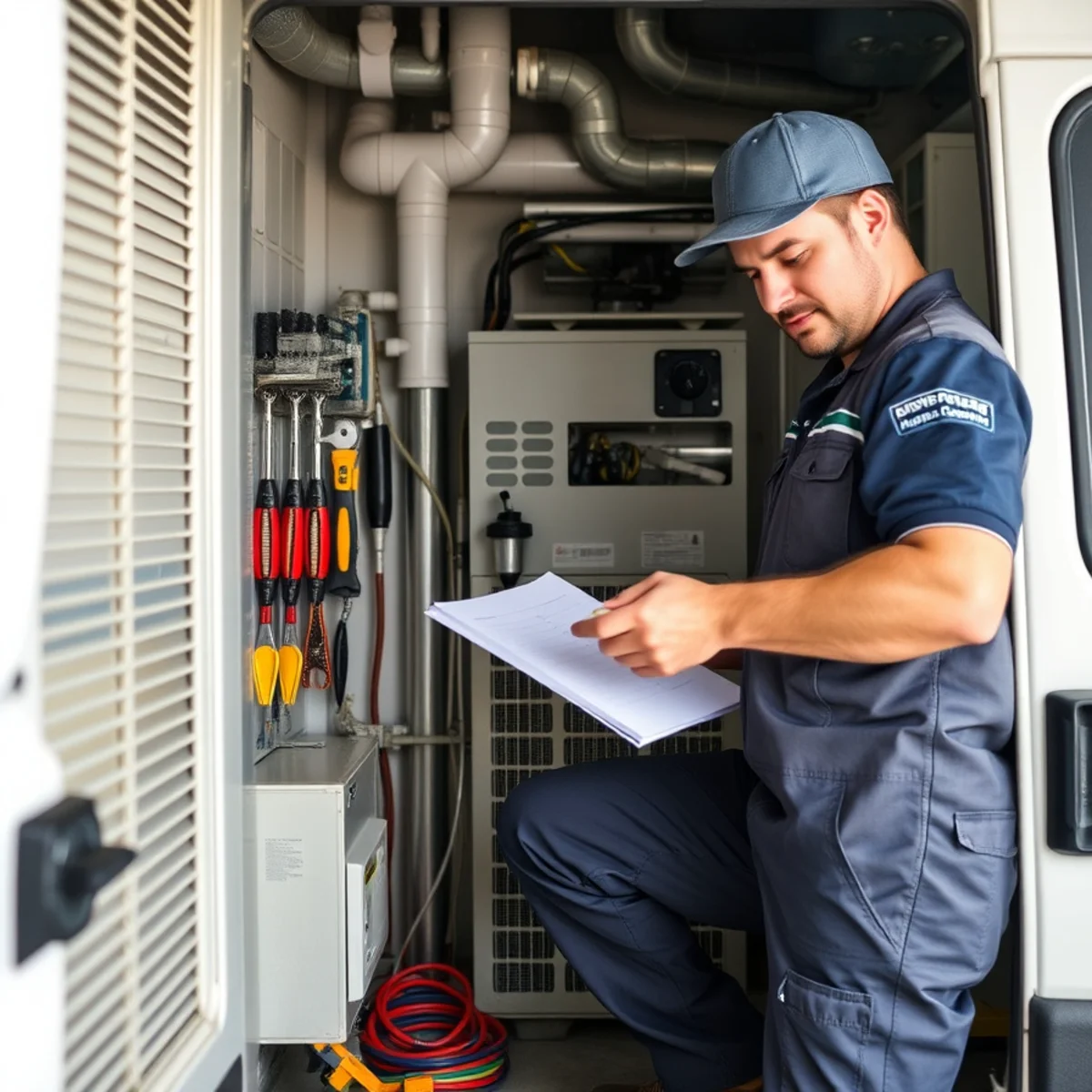 HVAC technician cleaning an outdoor air conditioning condenser during a spring tune-up in Camp Hill, PA