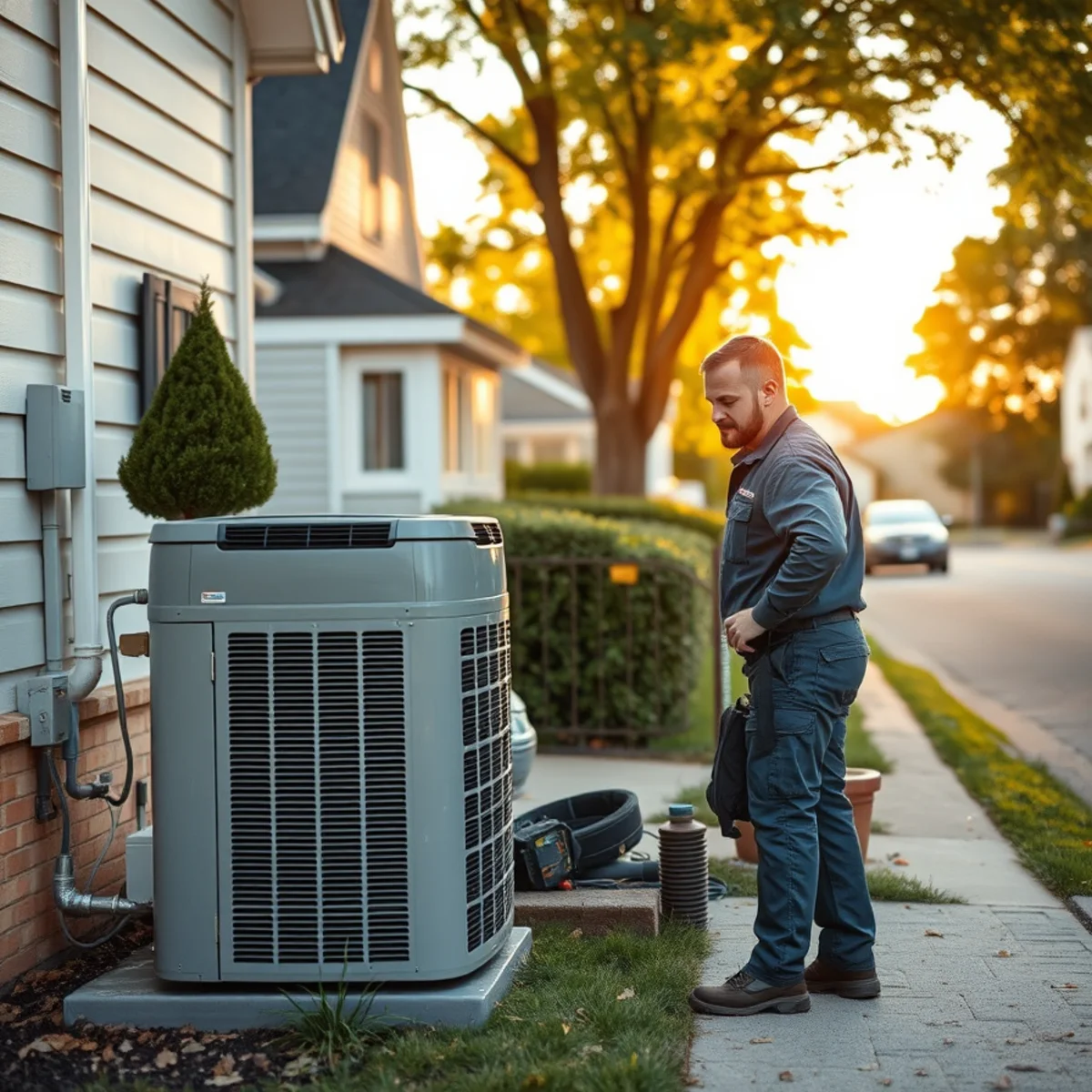 HVAC technician assessing a 15-year-old system at a home in Windsor Park, Mechanicsburg, PA